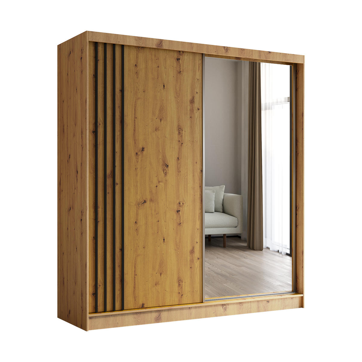 KLEIDERSCHRANK mit Spiegel-Schiebetüren und Aluminium-Leisten - NALLA - 200 cm Artisan+Artisan+Schwarz - Schwarz/Eiche Artisan, Holzwerkstoff (200/216/61cm) - ALTDECOR