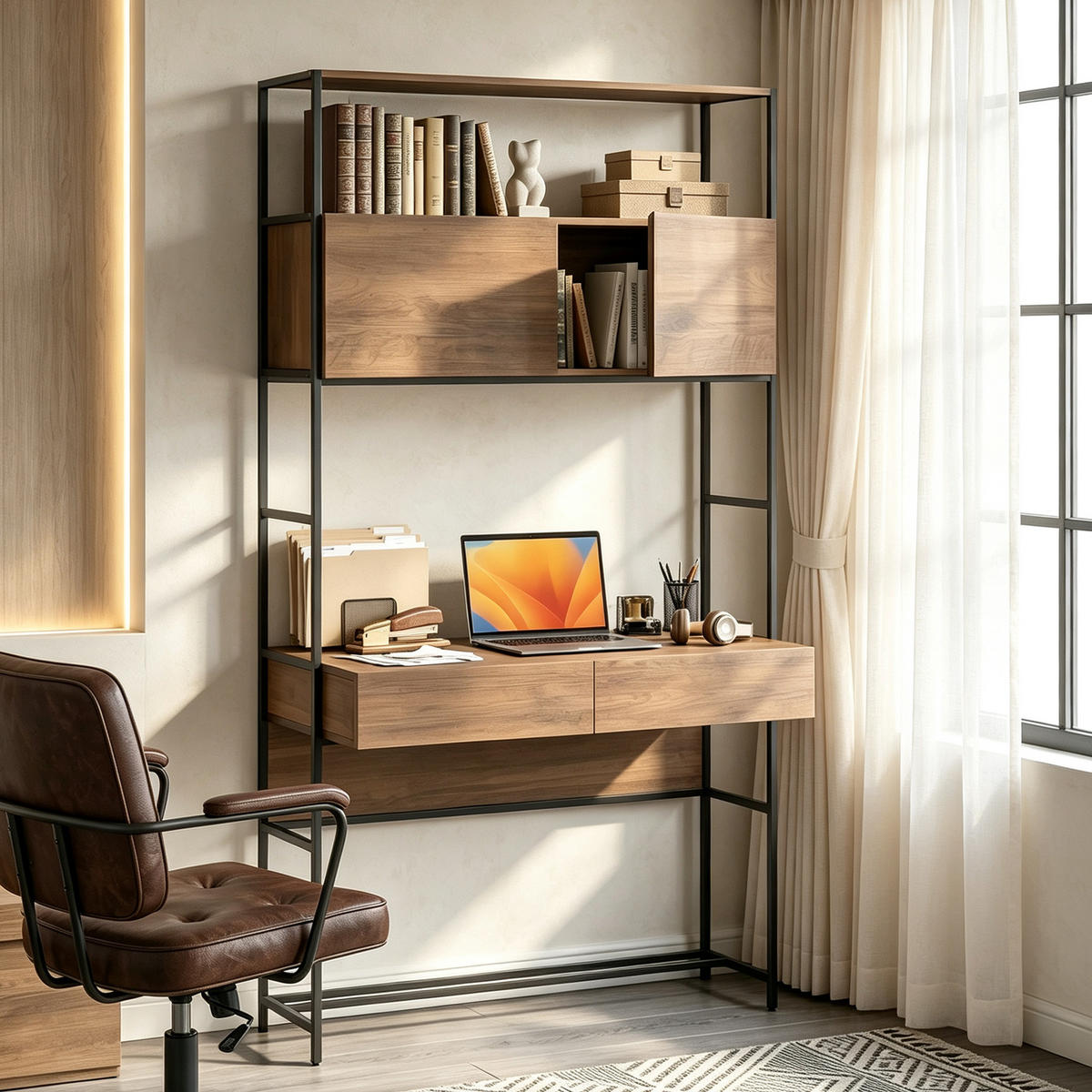 COMPUTERTISCH mit Regalen und Schubladen 185 cm hoch - Braun, Holzwerkstoff (45/100/185cm) - Gisaae
