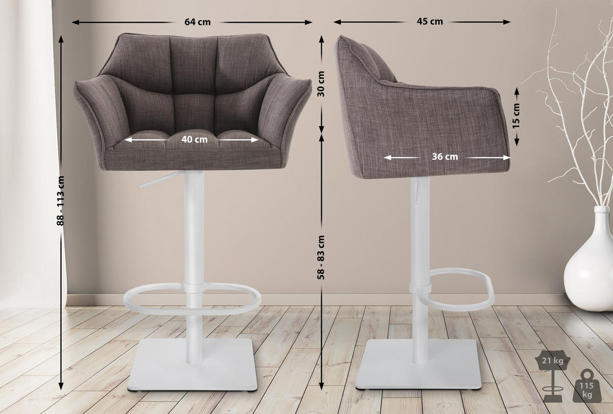 BARHOCKER 2er Set Stoff Grau - Weiß/Grau, Textil/Metall (64/88/45cm) - CLP