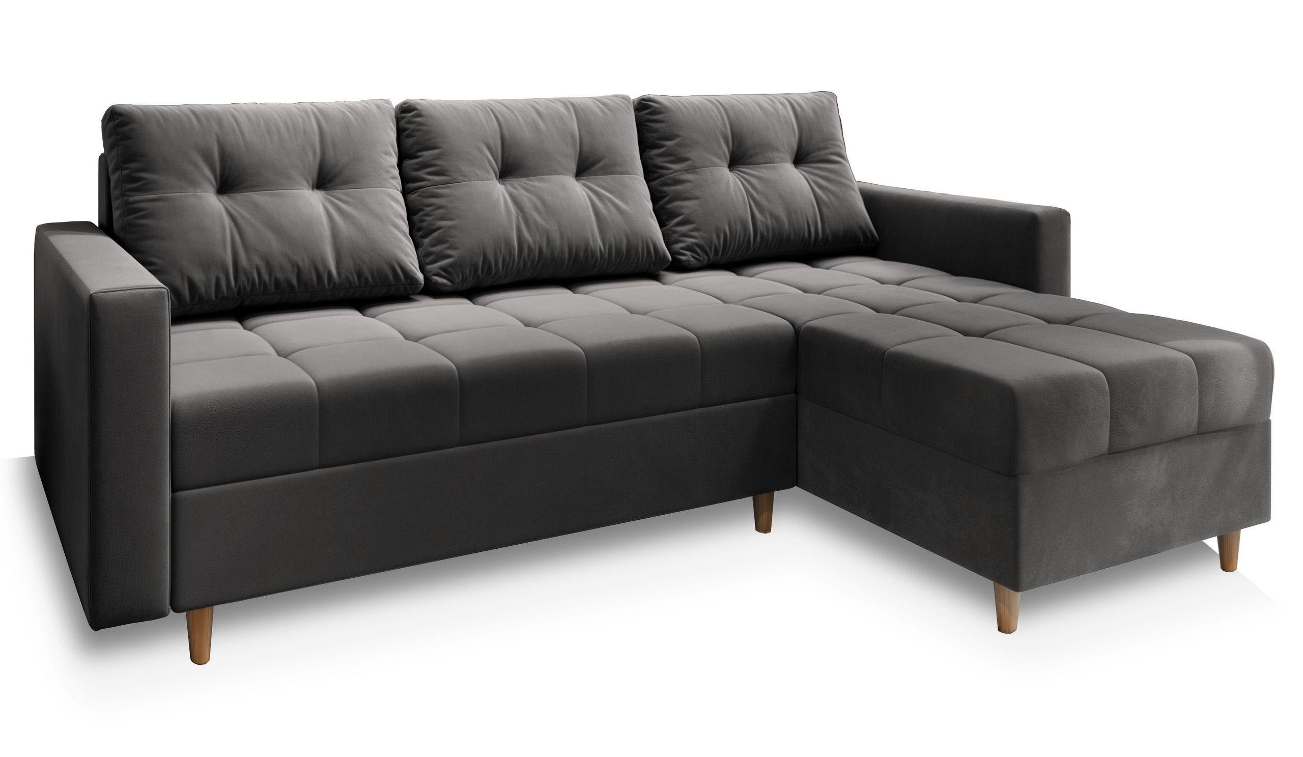 ECKSOFA MILO L Grau Plüsch-Stoff mit Schlaffunktion - Grau, Holz (220/140cm) - MASSENO