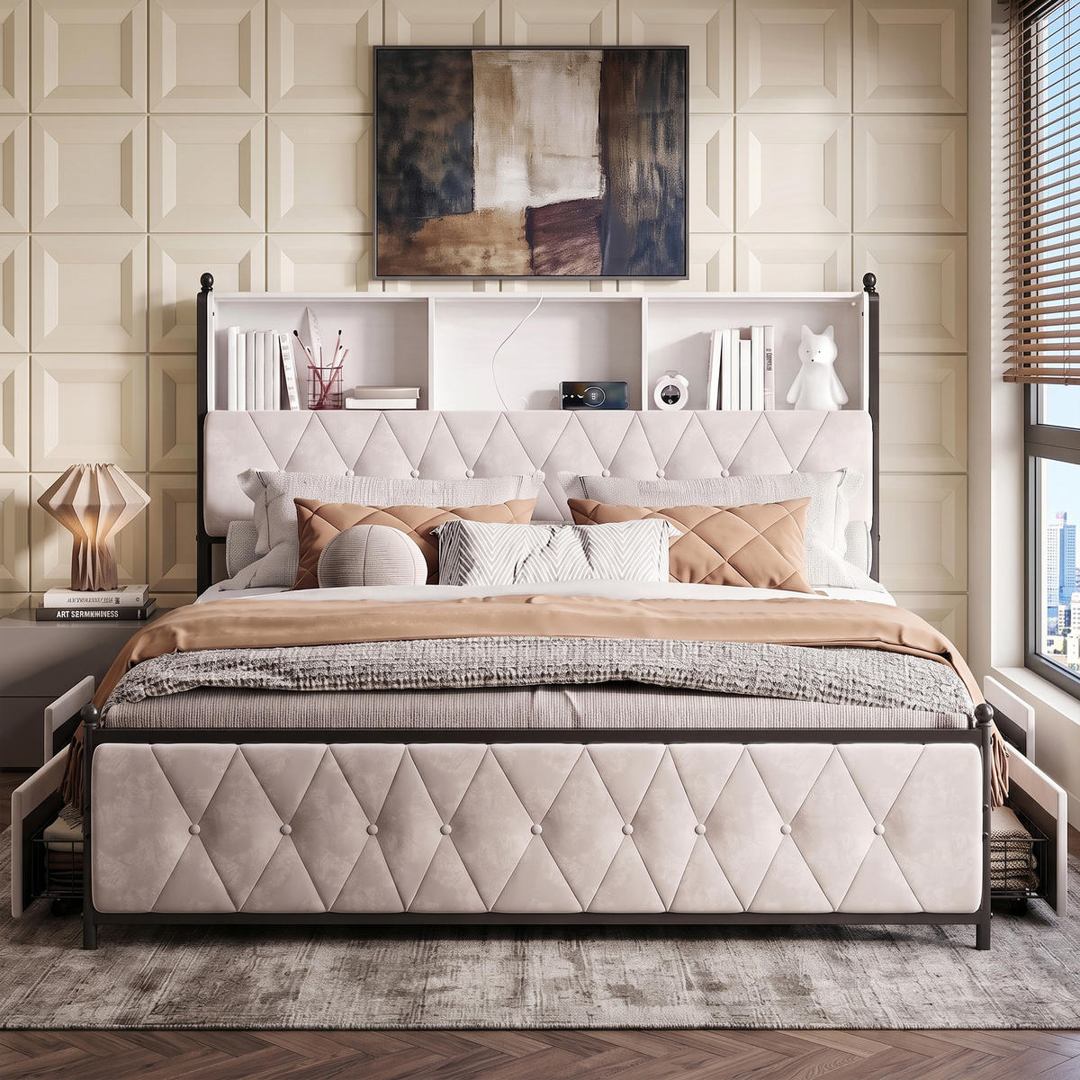POLSTERBETT 180x200 cm mit USB- und LED-Kopfteil, Bett mit Stauraum und 4 Schubladen, Lattenrost, Samt, Beige - Beige, Holz/Metall (180/200cm) - GENKI LIVING