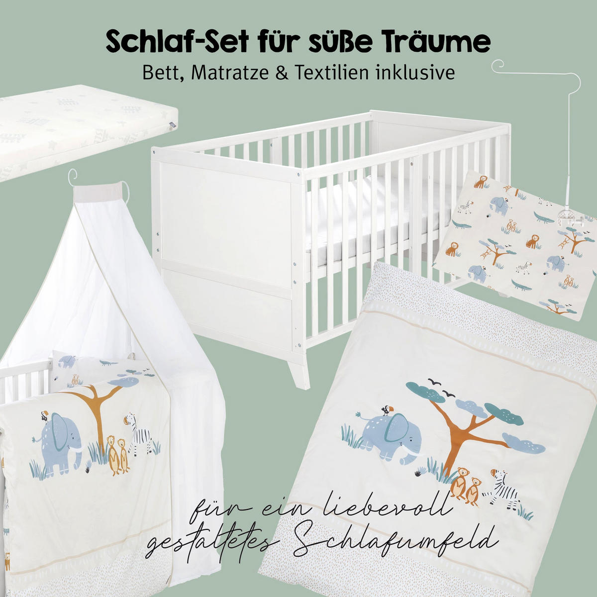 BABYBETT Savanna Friends 70 x 140 cm - Beige/Weiß, Holz/Holzwerkstoff (70/140cm) - Roba