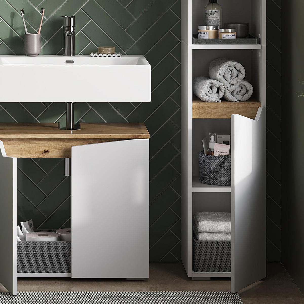 BADSCHRANK Marelle Weiß 30 x 180 cm mit Türen, und offenen Fächern - Weiß, Holzwerkstoff (30/180/35cm) - Vicco