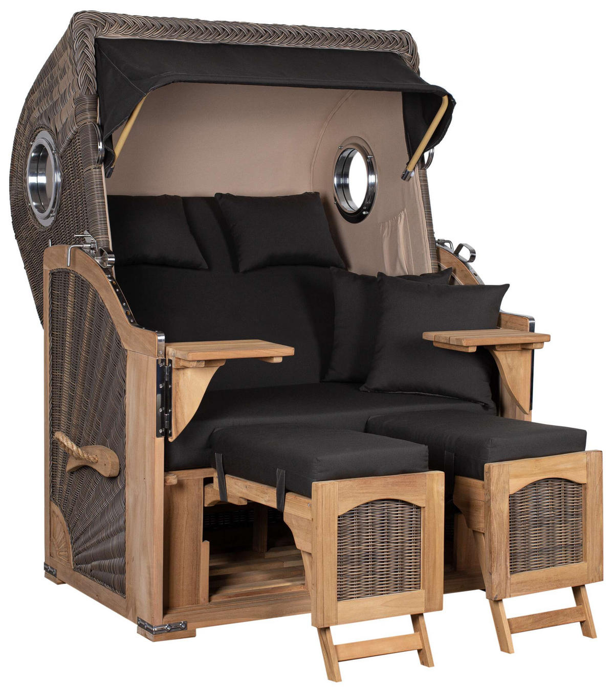 STRANDKORB Düne 2 Sitzer Teak PE Grey - Schwarz/Braun, Holz/Metall (125/170/80cm) - Mr. Deko