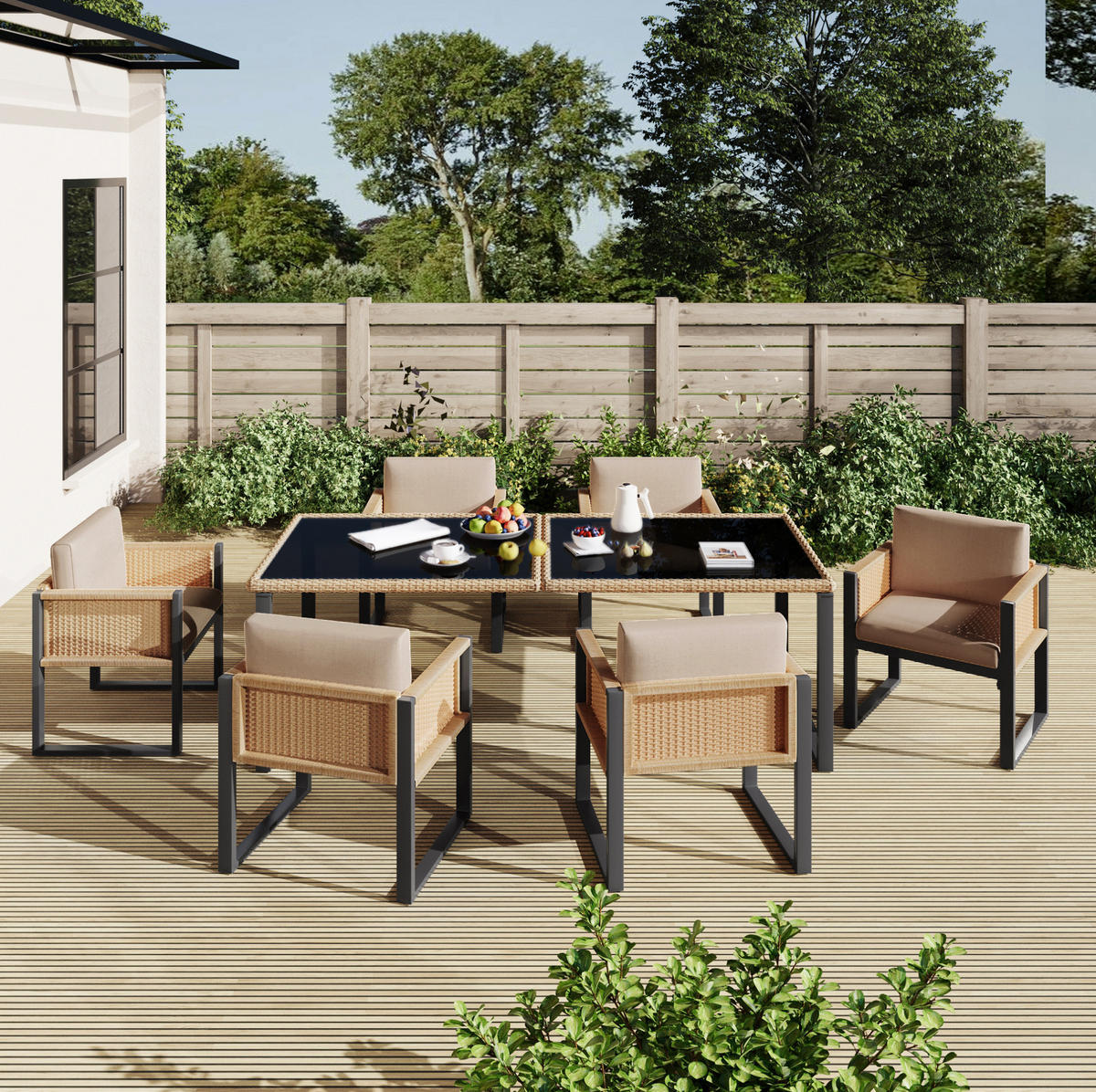 GARTEN-ESSGRUPPE 7-tlg. 170 x 80 cm Polyrattan Schwarz Braun - Schwarz, Metall - Beauniv