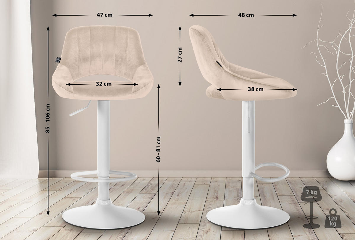 BARHOCKER Samt Creme - Creme/Weiß, Textil/Metall (47/85/48cm) - CLP