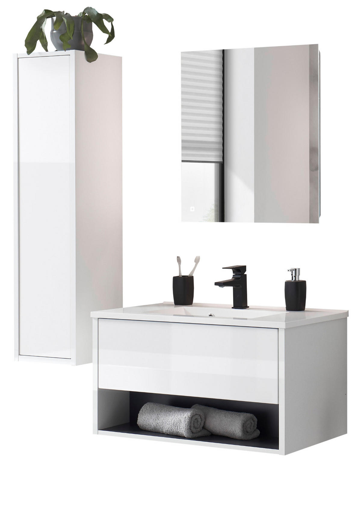 BADMÖBEL-SET weiß Hochglanz, grau, Badezimmer Schränke mit Waschbecken, LED Beleuchtung 120 cm - Weiß Hochglanz/Grau, Glas/Holzwerkstoff (120/190/47cm) - Furn.Design