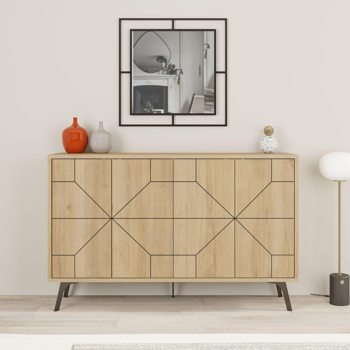 BUFFET mit 4 Türen und dekorierten Türen L123 cm - Dune - Eichefarben, Holzwerkstoff (35/62.4/123cm) - Calicosy
