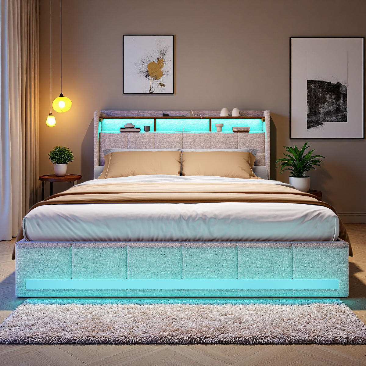 POLSTERBETT 180x200 cm Beige Leinen LED USB Typ-C 4 Schubladen - Beige, Holz (180/200cm) - SHOPENTRA