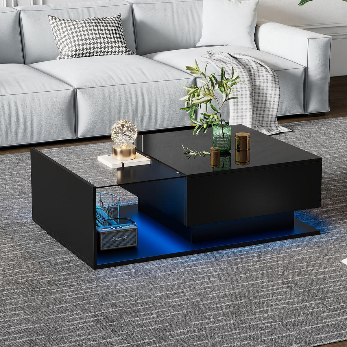 COUCHTISCH 100x50cm Hochglanzschwarz Glasplatte Schublade LED-Beleuchtung - Schwarz, Holz (110/62/16.5cm) - FLIEKS