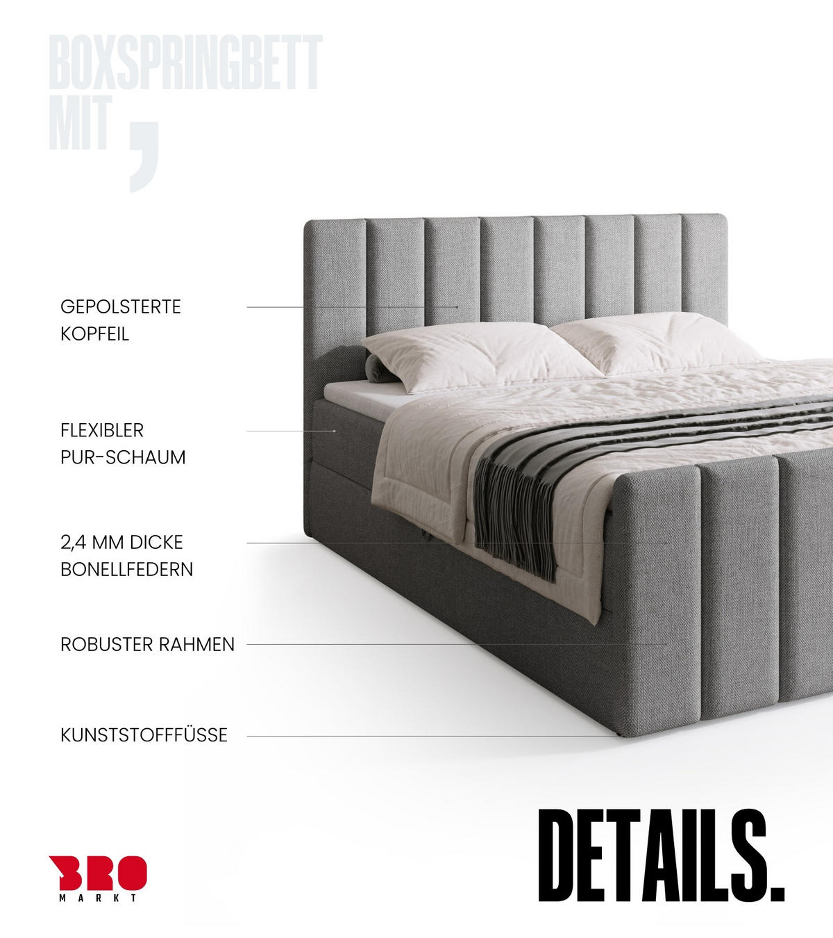 BOXSPRINGBETT Denver DUO mit Topper 140x200 Grau - Hellgrau, Textil (140/200cm) - Bromarkt