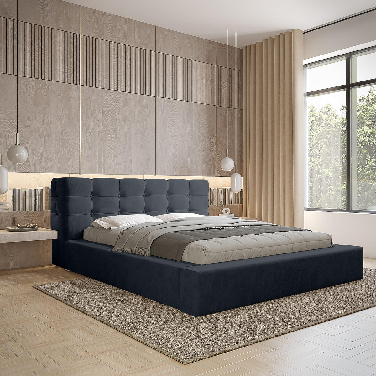 POLSTERBETT aus Velvet Gretta 140x200 cm, Dunkelblau - Dunkelblau, Textil (140/200cm) - Fedve
