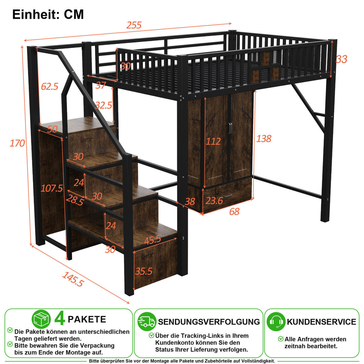 HOCHBETT 140/200 cm in Schwarz mit Kleiderschrank, Schublade und Aufbewahrungsleiter aus Metall und Holz - Schwarz, Holz/Holzwerkstoff (140/200cm) - CHICFURN