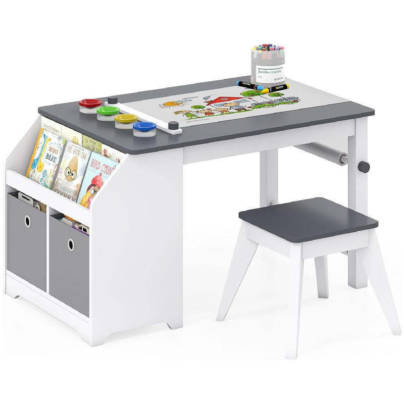 KINDERTISCH-SET mit Stauraum grau(2-tlg) - Grau, Holzwerkstoff (91/49.5/54cm) - COSTWAY