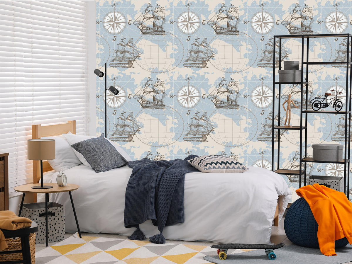 VLIESTAPETE Segelschiffe, Weltkarte und Kompass – Hellblau, Beige – 50x1000 cm - Beige/Hellblau, Papier (50/1000cm) - Muralo