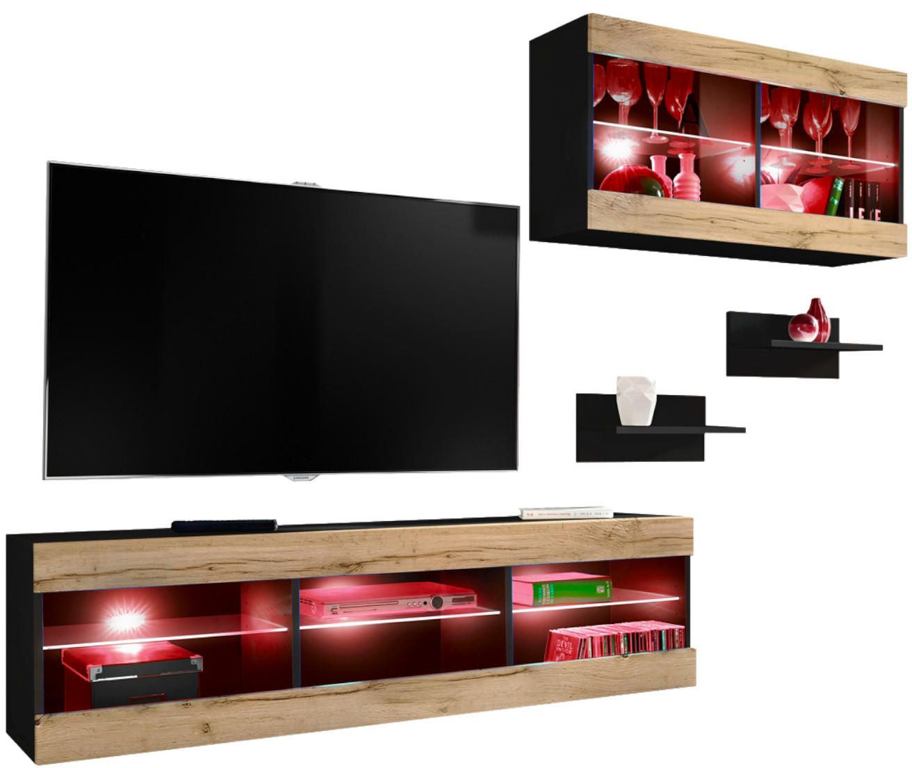 WOHNWAND 4-er Set, TIVOLI SET3 mit mehrfarbige LED RGB Beleuchtung Schwarz + Wotan, Offener Raum - Eiche Wotan, Glas/Holzwerkstoff (240/195/35cm) - Komodee