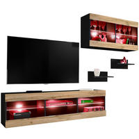 WOHNWAND 4-er Set, TIVOLI SET3 mit mehrfarbige LED RGB Beleuchtung Schwarz + Wotan, Offener Raum - Eiche Wotan, Glas/Holzwerkstoff (240/195/35cm) - Komodee