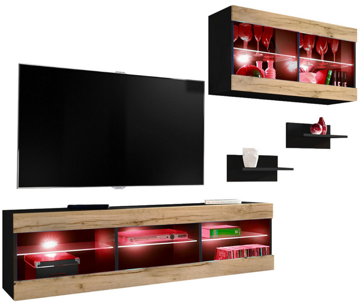 WOHNWAND 4-er Set, TIVOLI SET3 mit mehrfarbige LED RGB Beleuchtung Schwarz + Wotan, Offener Raum - Eiche Wotan, Glas/Holzwerkstoff (240/195/35cm) - Komodee