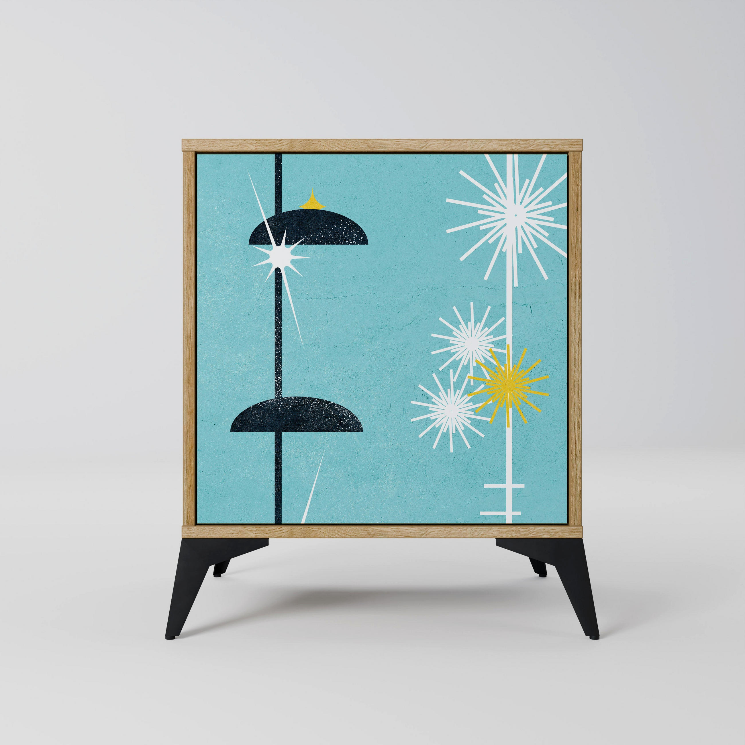 SIDEBOARD PATHS TO HAPPINESS, Eichefarben, 57,5x42x70,5 cm, Schwarze Metall-Sternfüße - Eichefarben/Multicolor, Holzwerkstoff/Metall (57.5/70.5/42cm) - SpaceRebels