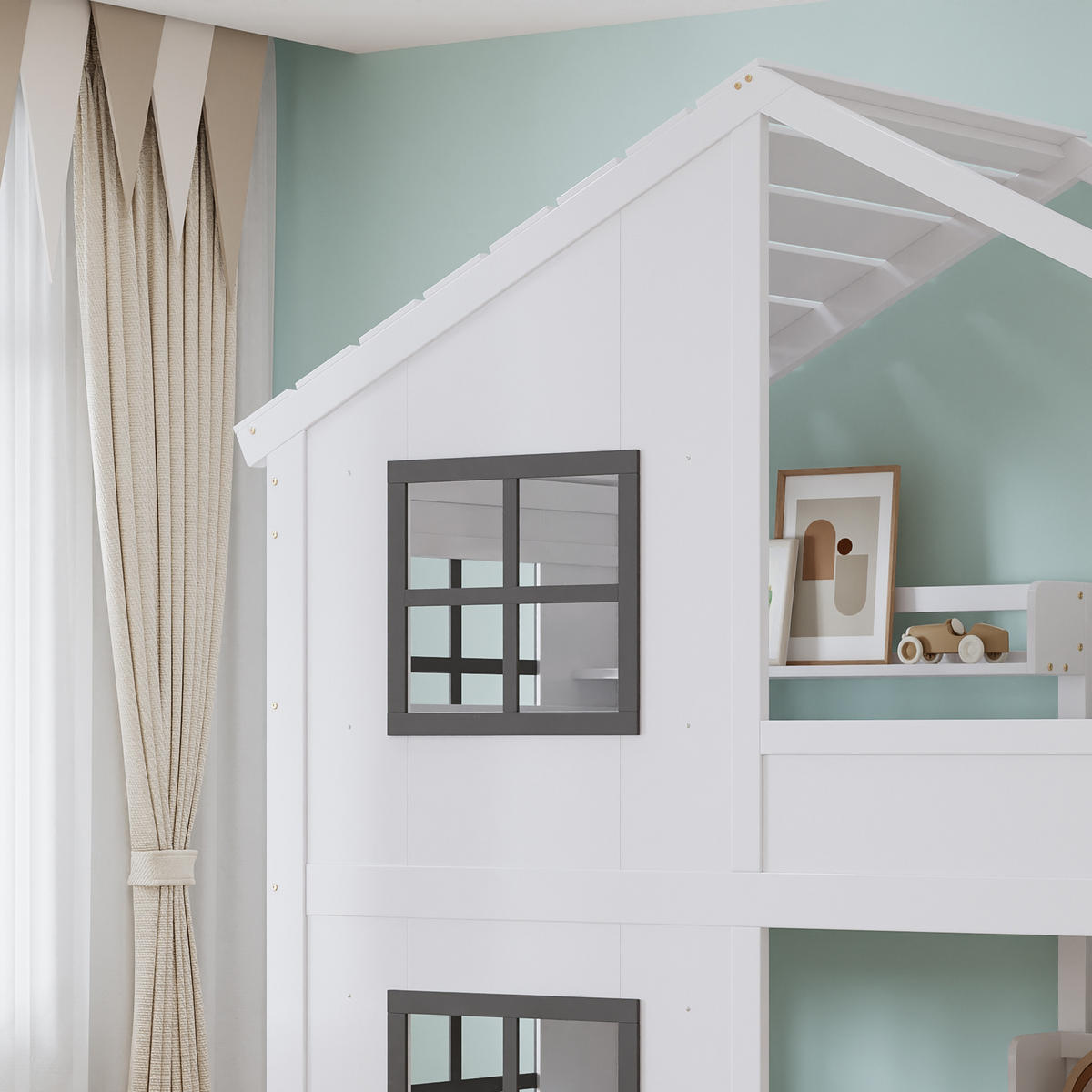 ETAGENBETT 90/200 cm in Weiß & Grau Kinderbett mit Treppenregal, Fenstern und Dach - Weiß/Grau, Holzwerkstoff (90/200cm) - STILVORA