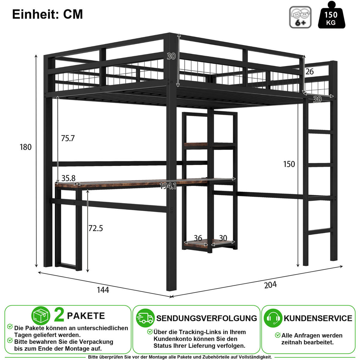 VYVÝŠENÁ POSTEL 140/200 cm v černé barvě s psacím stolem, policemi, USB a Type-C - černá, kov/kompozitní dřevo (140/200cm) - CHICFURN