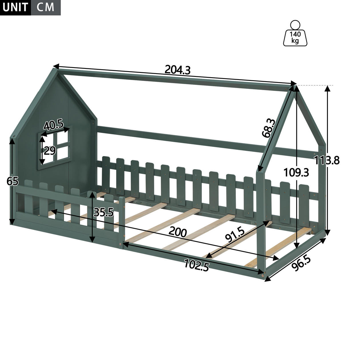 HAUSBETT aus Kiefer und MDF 90x200 cm Grün in Hausform mit Lattenrost und kreativem Design - Grün, Holzwerkstoff (90/200cm) - Modfu
