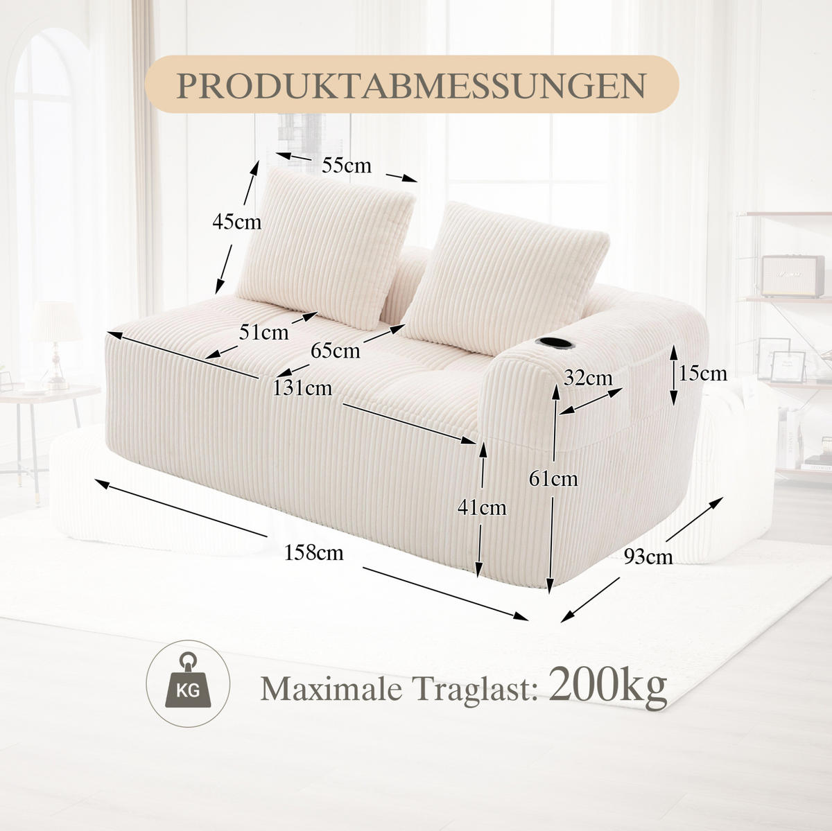 SOFA 2-Sitzer kompakt 158 x 93 x 61 cm Cord Beige - Beige, Kunststoff (158/61/93cm) - Meubliv