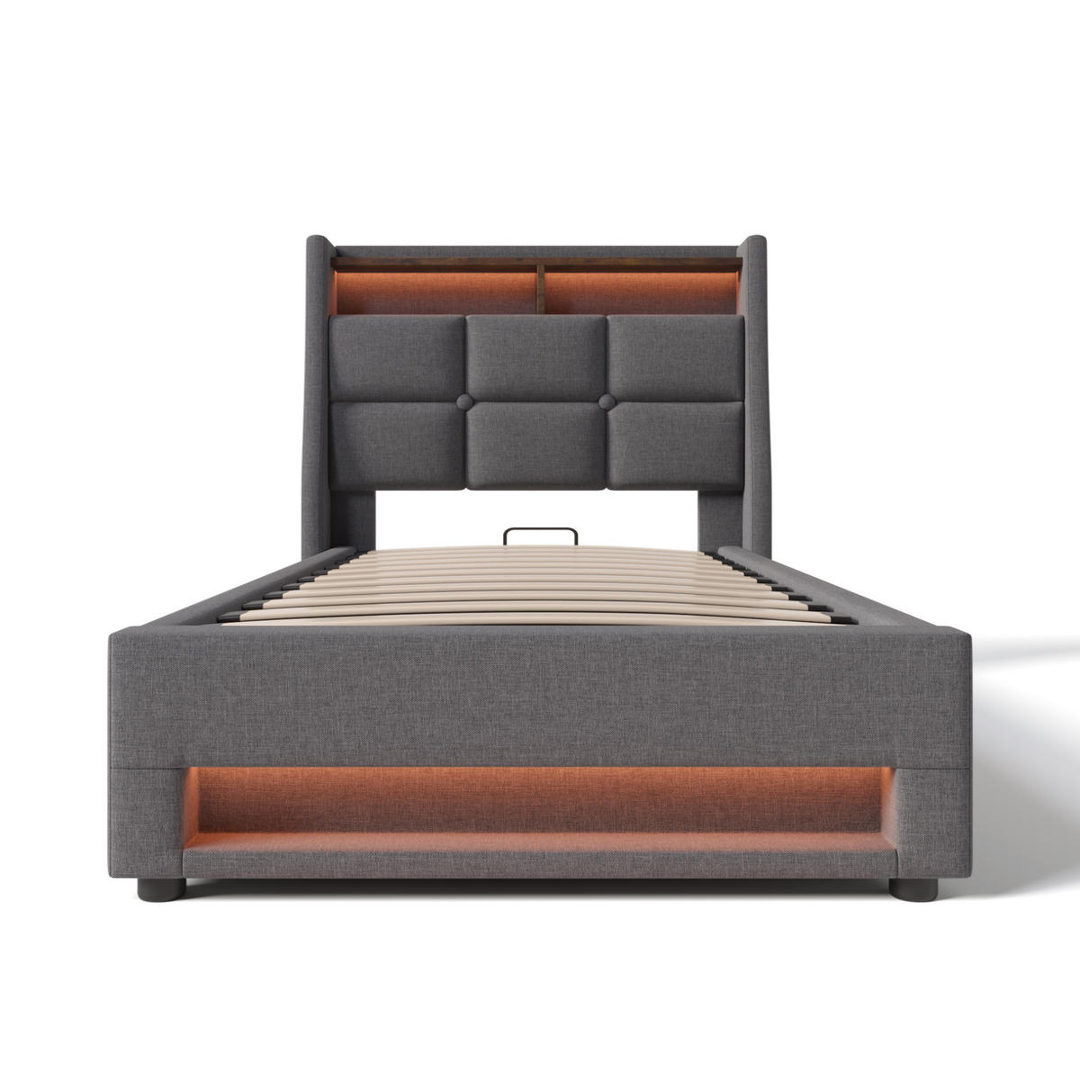 POLSTERBETT aus Leinen 90x200 cm Grau mit Bettkasten, LED-Beleuchtung und 2 USB-Anschlüssen - Grau, Textil (90/200cm) - IVMEU