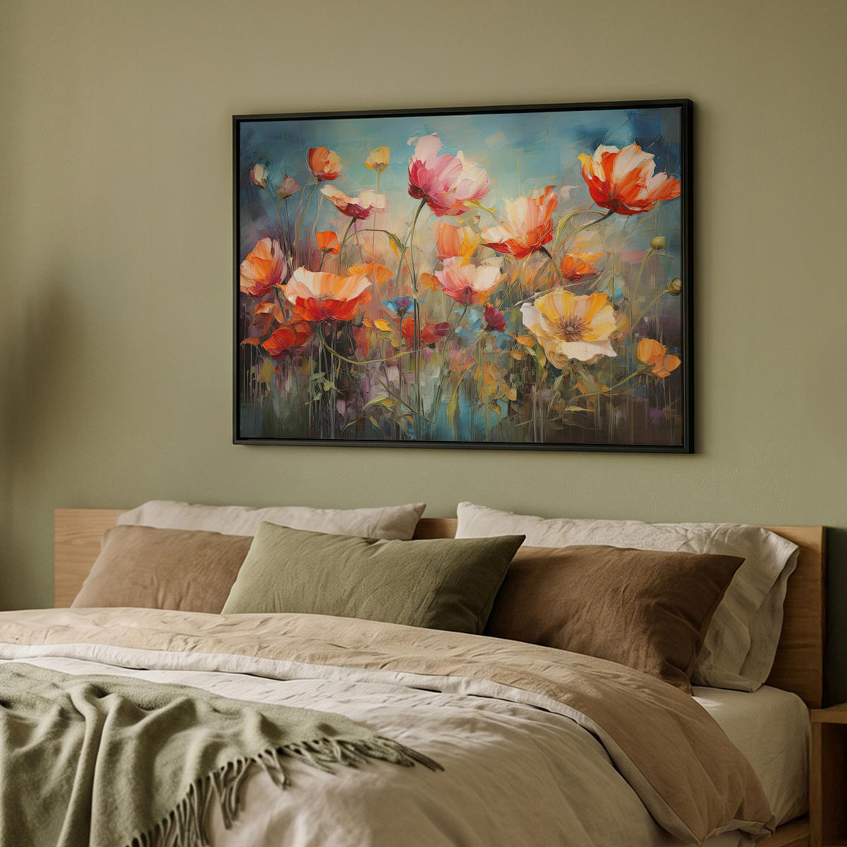 LEINWAND Bilder mit Rahmen - Blumen - Aquarell - Kunst - Botanisch - Natur - 100x70 - Orange, Textil (100/70cm) - MuchoWow