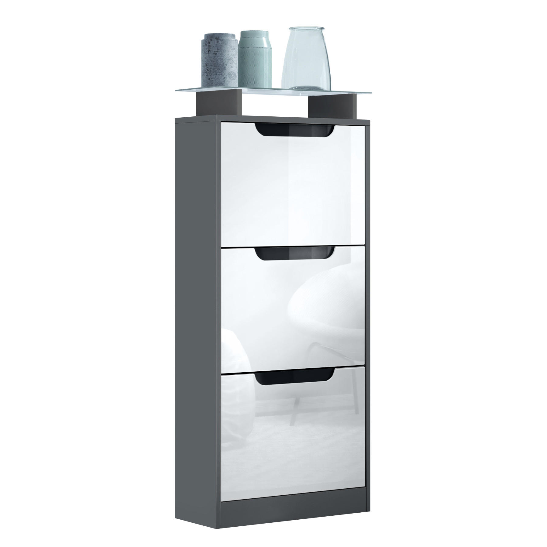 Vladon Schuhschrank Weiß Hochglanz 46x128x23 cm