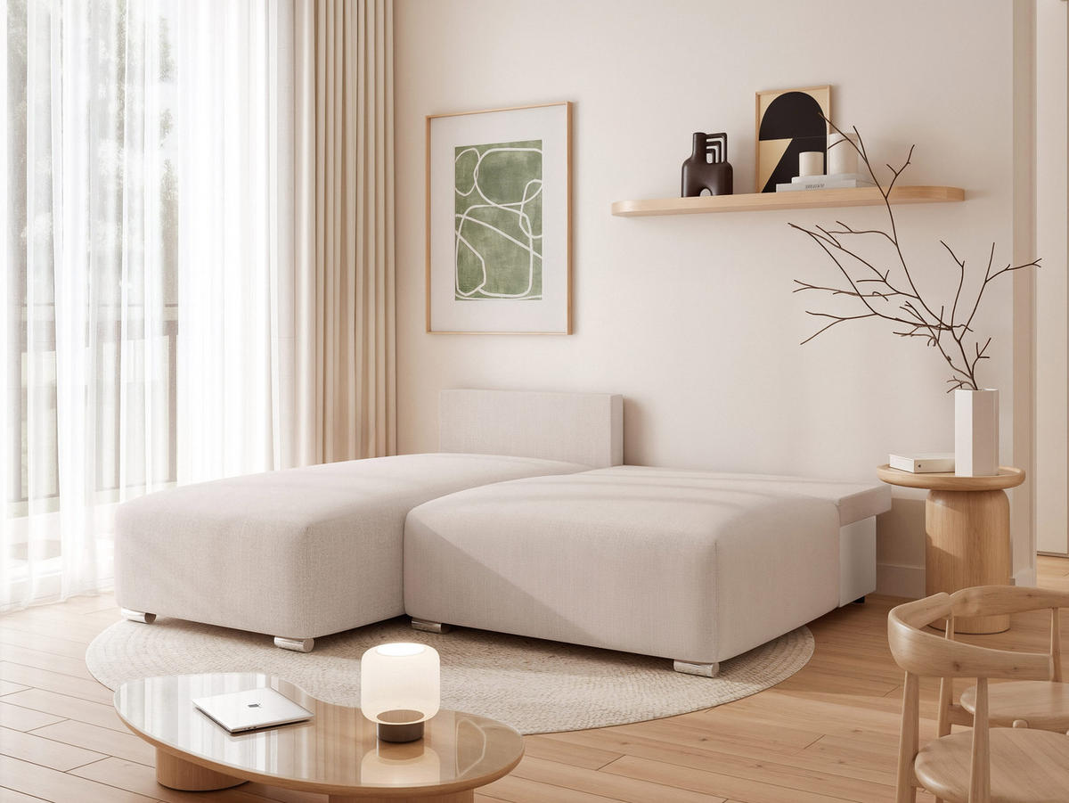 ECKSOFA ELVO mit Schlaffunktion und Bettkasten Creme - Creme, Holzwerkstoff/Kunststoff (208/190cm) - Idohome
