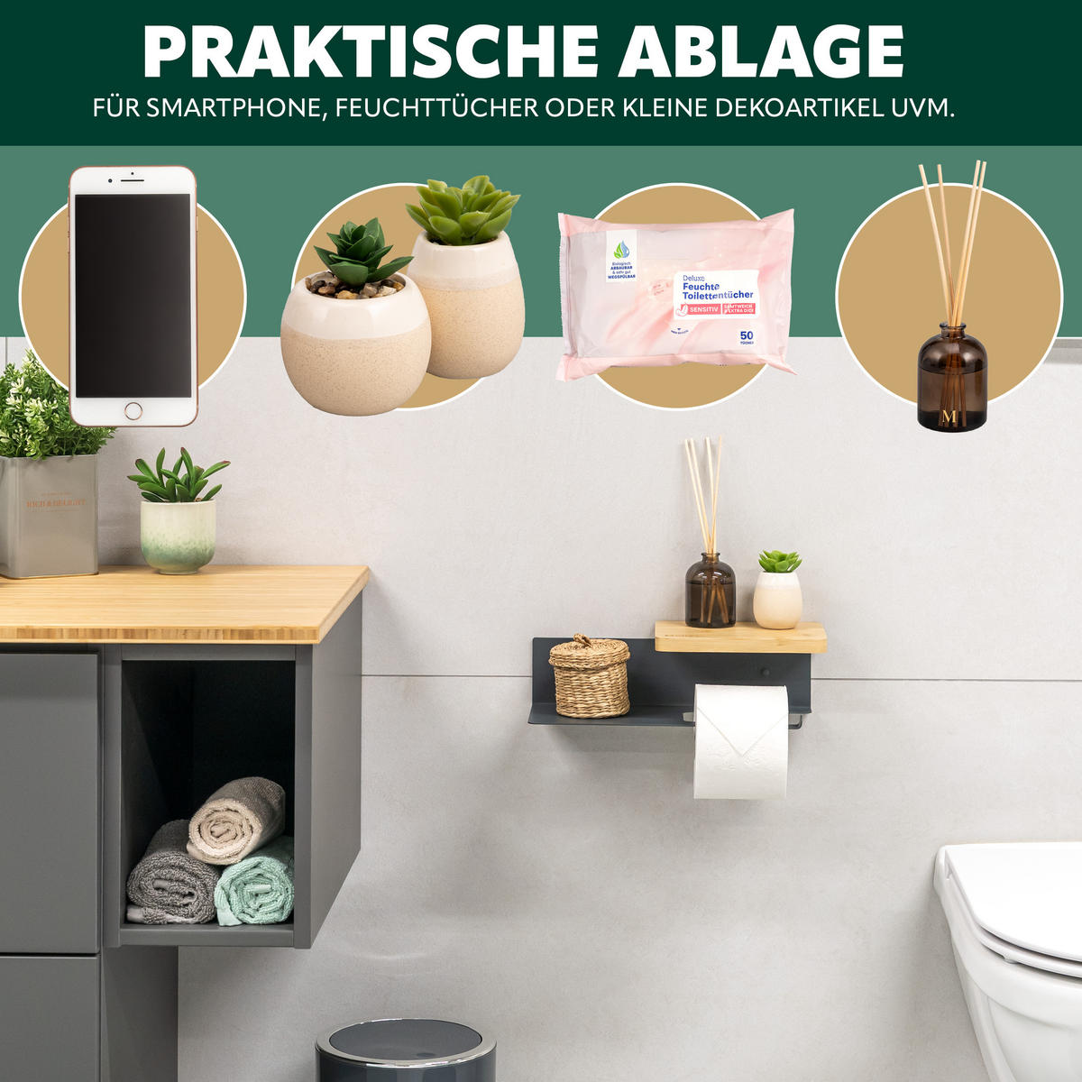 TOILETTENPAPIERHALTER VARAZ mit 2 Ablagen, Metall und Bambus - Grau, Metall (31.5/9.5/13cm) - eluno