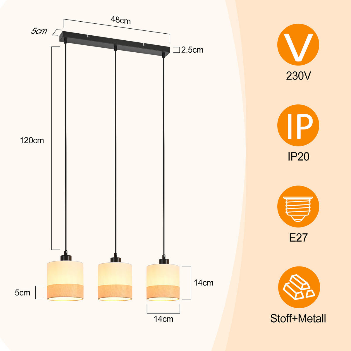 PENDELLEUCHTE Corinthia 48/5/120 cm - Schwarz/Weiß, Kunststoff/Metall (48/5/120cm) - ZMH
