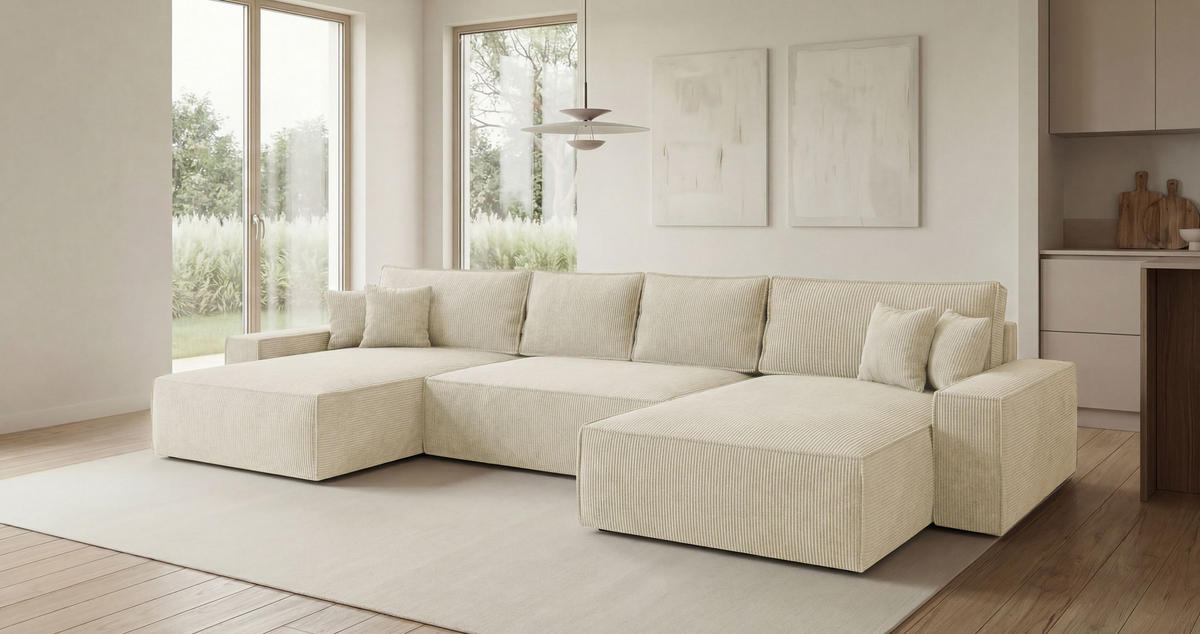 ECKSOFA CALIFORNIA U-Form weiß Cord POSO 100 - Schlaffunktion, Bettkasten - Weiß, Textil (385/185cm) - Cornero