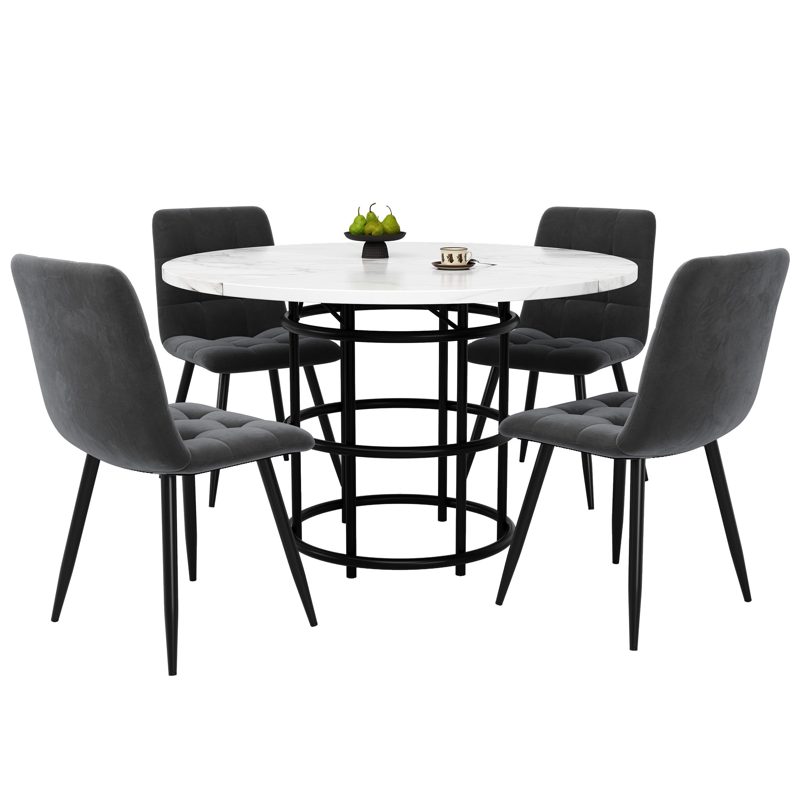 ESSTISCHSET 5-Teilig Rund 100 Cm, Weiße MDF, 4 Graue Samtstühle - Schwarz, Metall (100/76/100cm) - FLIEKS