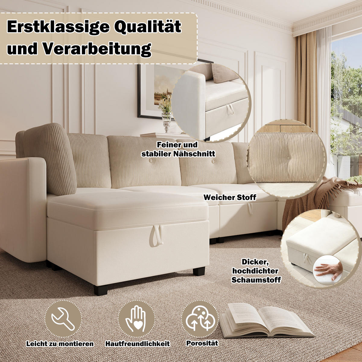 WOHNLANDSCHAFT Samt und Cord Beige mit Stauraum - Beige, Holzwerkstoff/Kunststoff (261/85/132.5cm) - WISHDOR