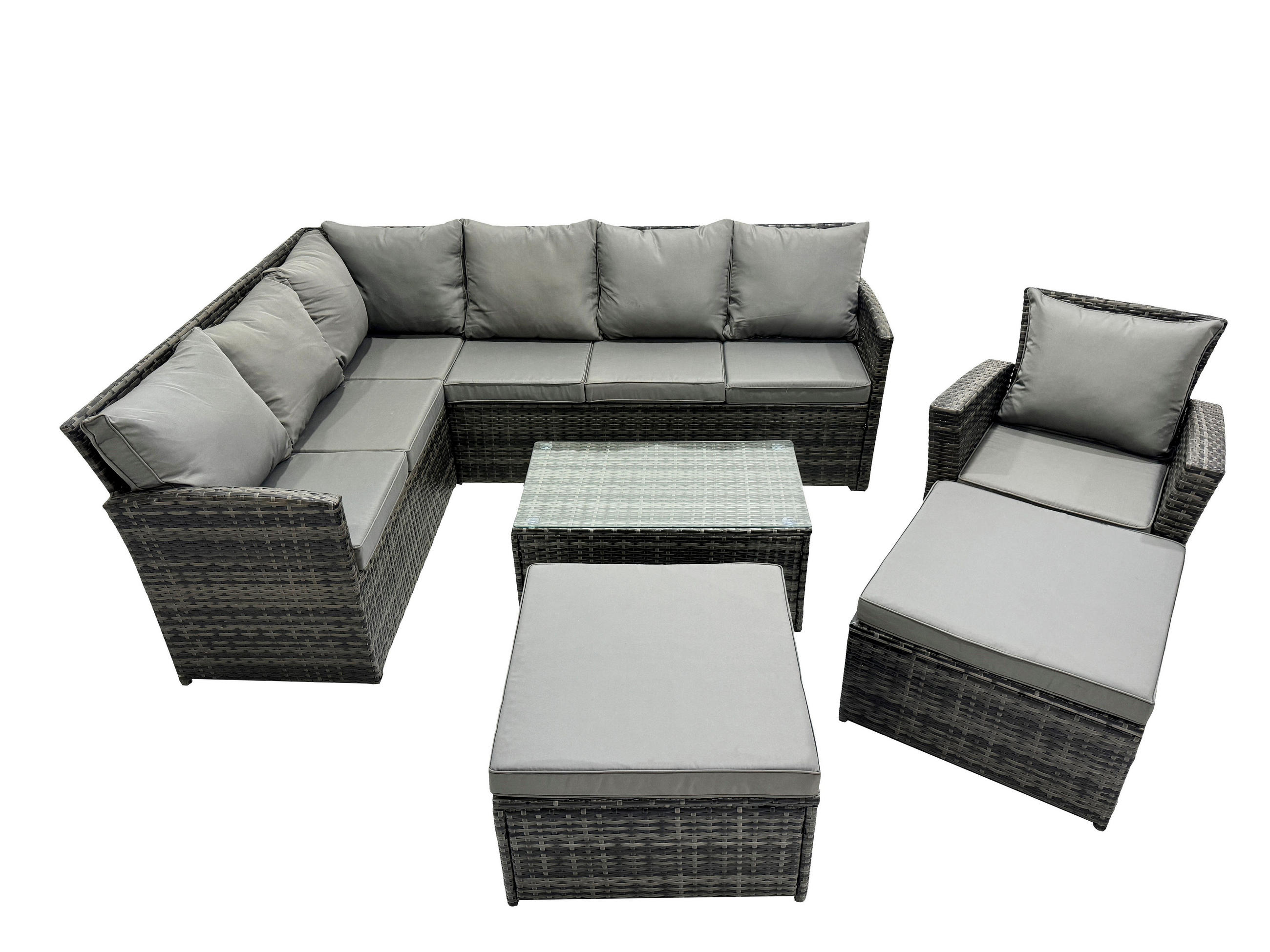 GARTENSET mit Couchtisch, Fußhocker Polyrattan Dunkelgrau 9-Sitzer - Dunkelgrau/Grau, Glas/Kunststoff - Fimous