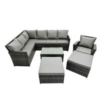 GARTENSET mit Couchtisch, Fußhocker Polyrattan Dunkelgrau 9-Sitzer - Dunkelgrau/Grau, Glas/Kunststoff - Fimous