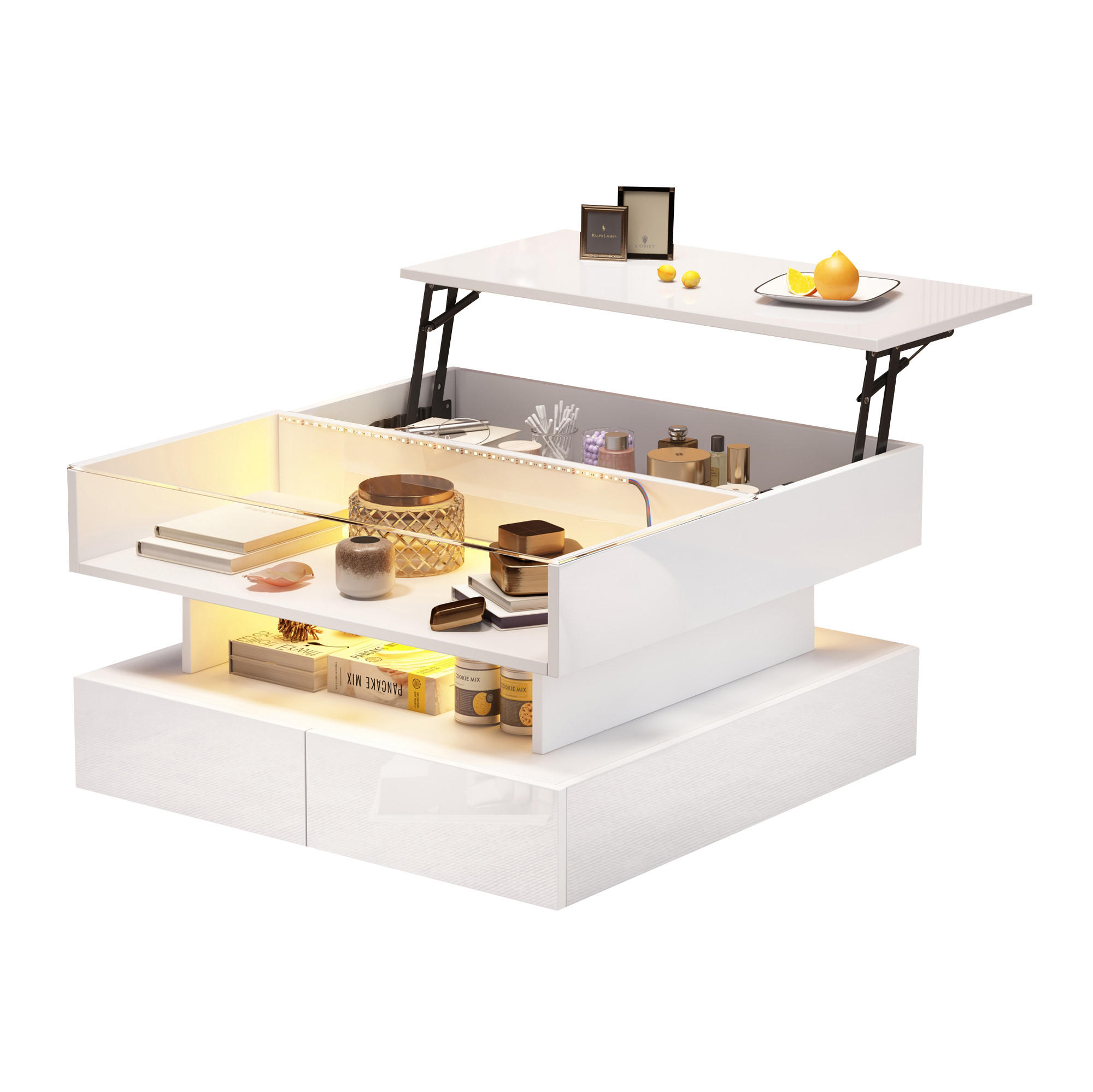 COUCHTISCH, hydraulisch höhenverstellbar, Hochglanz Weiß mit LED & Stauraum, 80/80/45 cm,Weiß - Weiß, Holzwerkstoff (80/80/45cm) - Redom