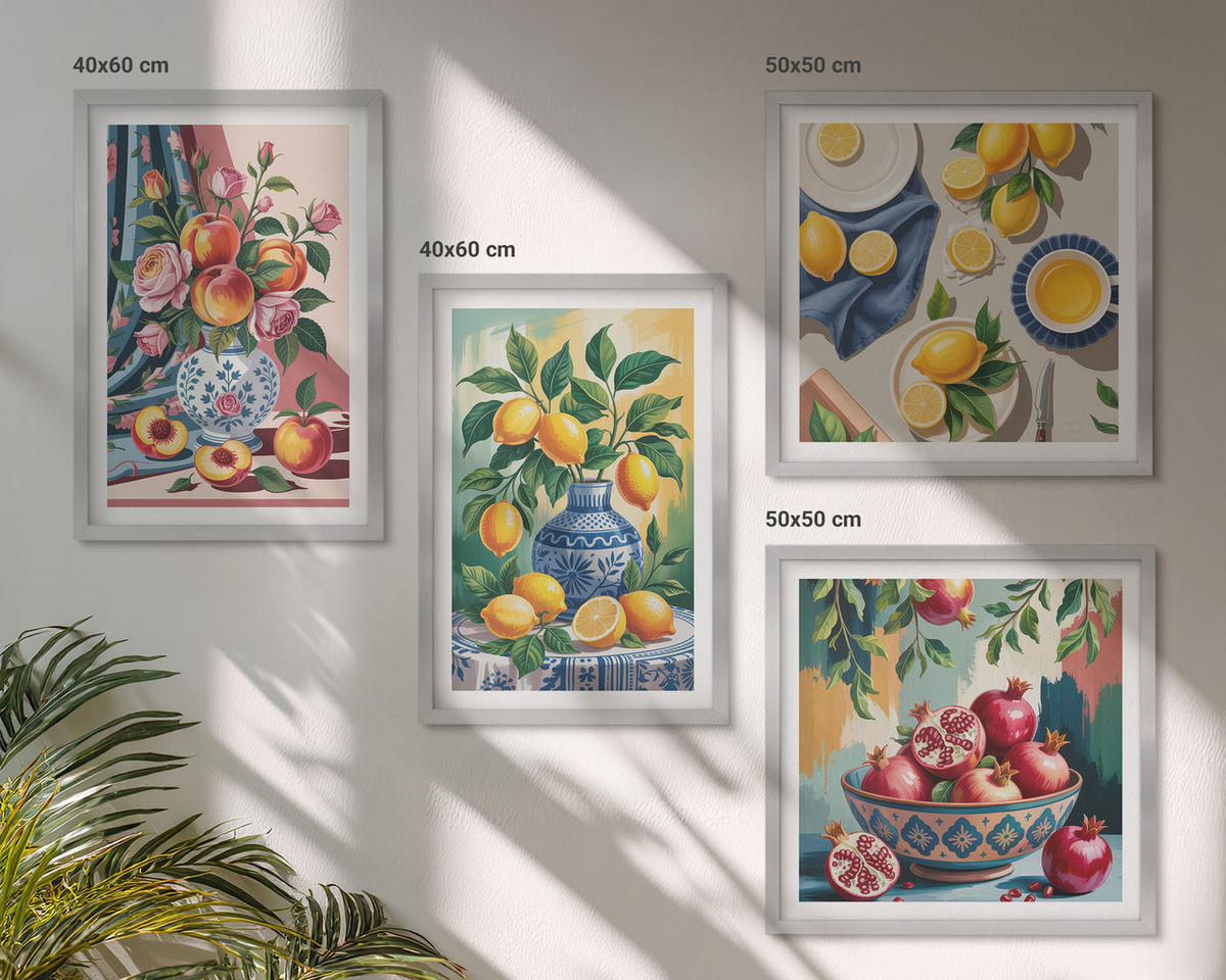 BILDER SET 4er Set - 50x50 cm & 40x60 cm Silberner Rahmen - Blumen und Früchte in Vasen - Silberfarben, Kunststoff (50/50cm) - TULUP