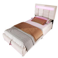 POLSTERBETT 90/200 cm mit App-gesteuerter LED-Beleuchtung, USB-Anschluss und hydraulischem Bettkasten, Beige - Beige, Textil (90/200cm) - Redom