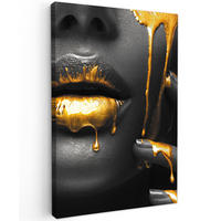 LEINWANDBILD Frau - Schwarz - Gold - Gesicht - Lippen Deko Groß 90x140 cm - Goldfarben, Textil (90/140cm) - MuchoWow