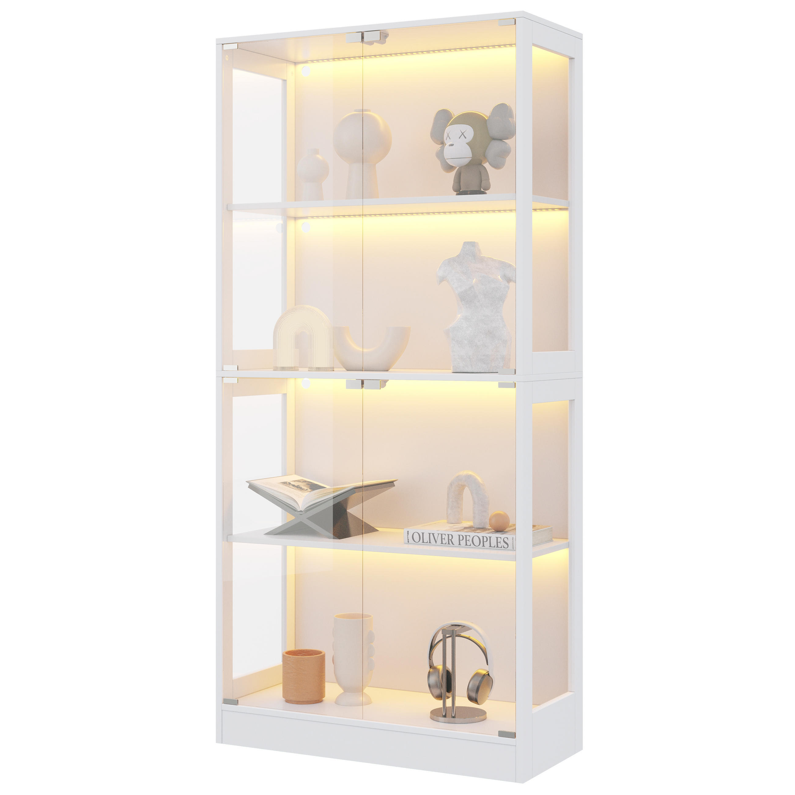 VITRINA 4 nivoji prostora za shranjevanje, LED-osvetlitev upravljana prek aplikacije, vrata Push-to-Open 80/35/170 cm - bela/prozorna, steklo/leseni material (80/170/35cm) - EVRYAE