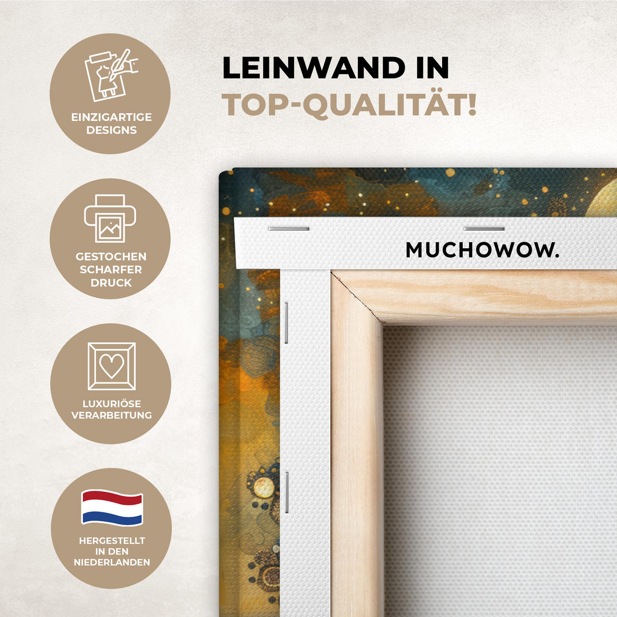 LEINWANDBILD Baum - Mond - Blumen - Gold - Kunst Wanddeko 90x60 cm - Orange, Textil (90/60cm) - MuchoWow