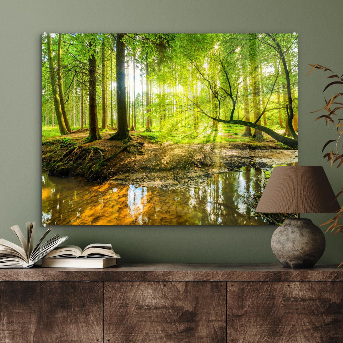 ACRYLGLASBILD Wald - Landschaft - Wasser - Bäume - Sonne - Grün - Natur 80x60 cm - Grün, Glas (80/60cm) - MuchoWow