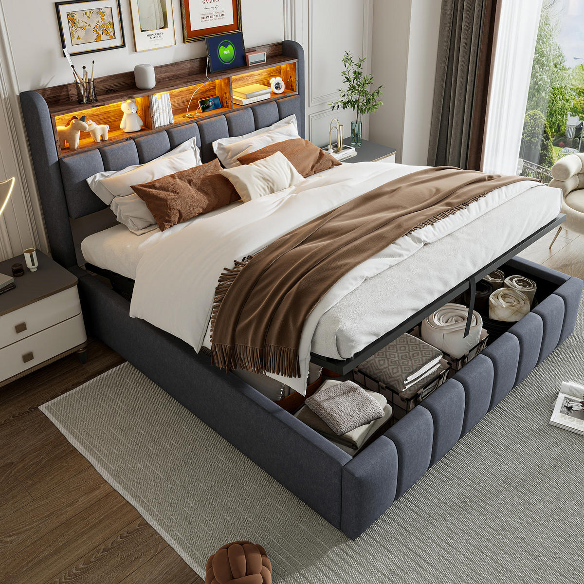 POLSTERBETT 180/200 cm grau LED-Beleuchtung mit Stauraum und USB-Anschluss - Grau, Textil (180/200cm) - OKWISH