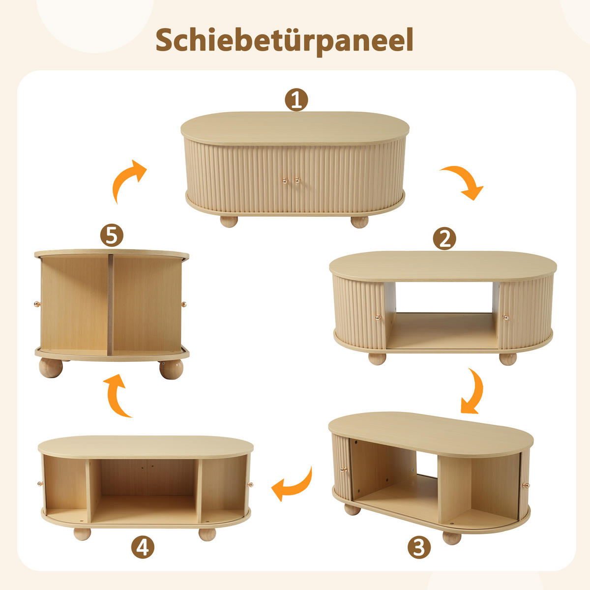 COUCHTISCH Oval Stauraum Schiebetüren Holzfarben Multifunktion - Naturfarben, Holzwerkstoff (100/50/40cm) - FLIEKS