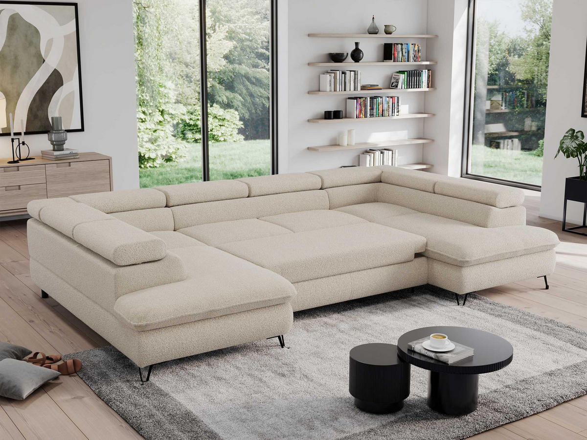 WOHNLANDSCHAFT PEDRO U Boucle Beige - Beige/Schwarz, Textil/Metall (346/76/208cm) - MKS