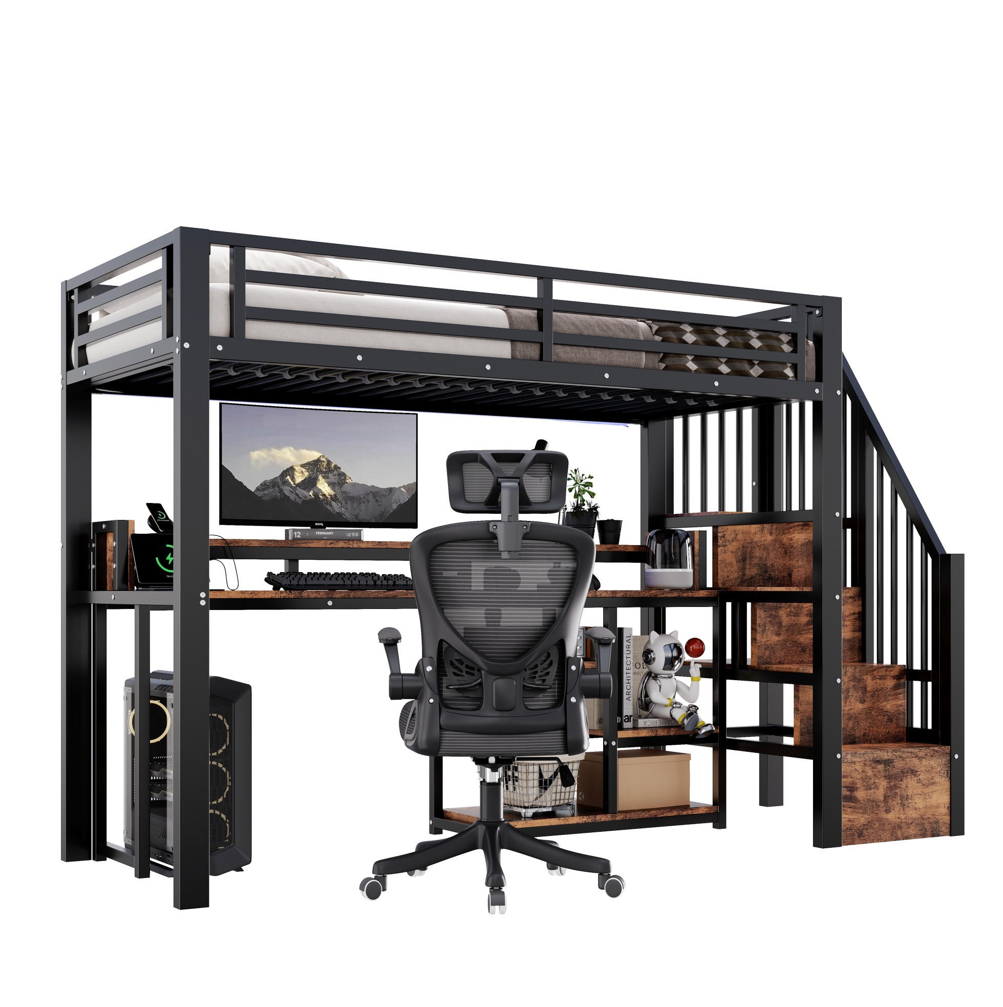 HOCHBETT MDF & Metall 90x200 cm Schwarz mit Leiterschrank, LED-Lichtleiste, USB + Typ-C - Schwarz, Holzwerkstoff (90/200cm) - Modfu