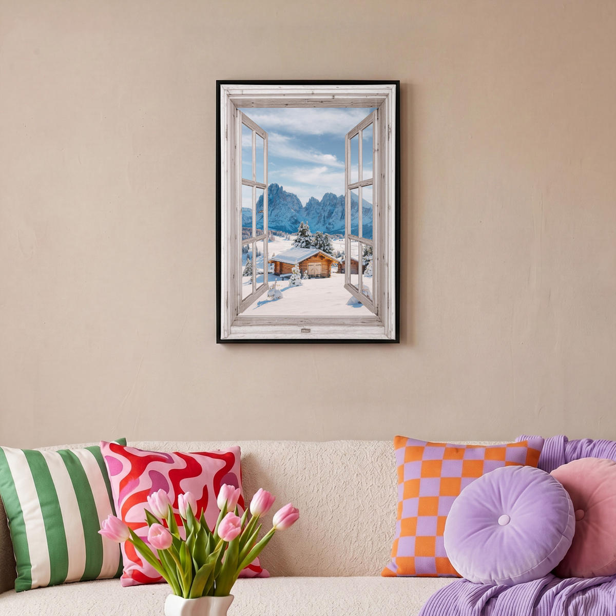 LEINWAND Bilder mit Rahmen - Winterlandschaft - Hütte - Berge - Ausblicke - Aussicht - Natur - 40x60 - Weiß Hochglanz, Textil (40/60cm) - MuchoWow
